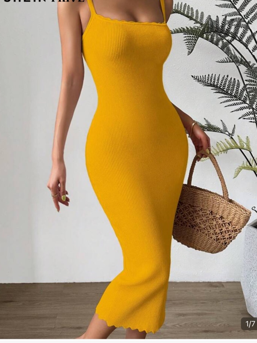 SHEIN Yellow Ribbed Midi Bodycon sweater Dress with Scallop Hem